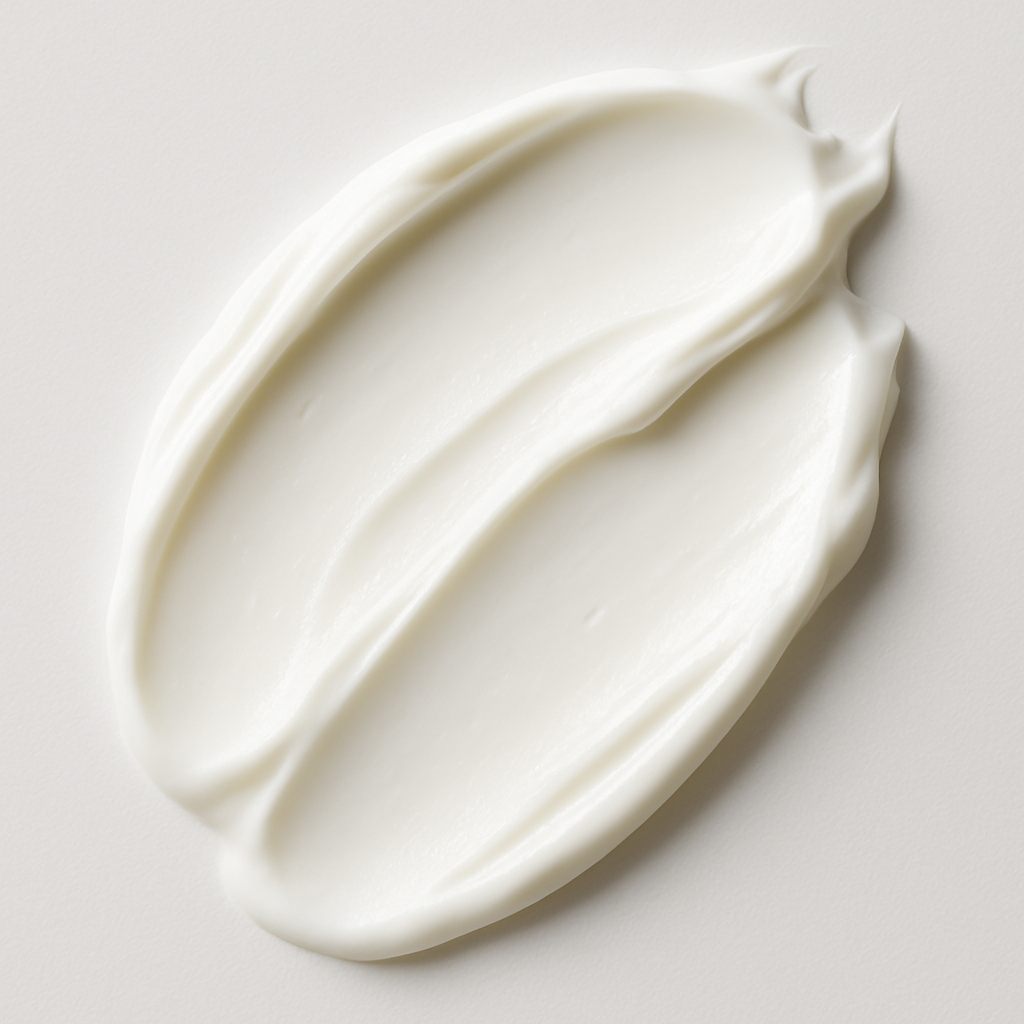 A swatch of white cream on a surface, representing the texture and consistency of the Aloha Glow SkinLuxe Face & Body Crème.